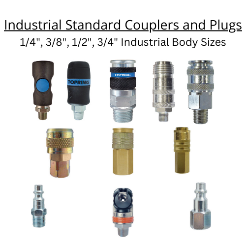 Topring's most widely used Industrial quick couplers come in 1/4" industrial,  3/8" Industrial, 1/2" Industrial and 3/4" Industrial size