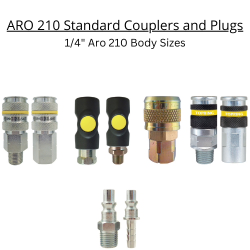Topring Aro 210 Quick Disconnect Couplers and Plugs, available in 1/4" Body Size. Various ranges of Air flow rate (SCFM). Material options: Zinc plated steel, Composite, Brass.