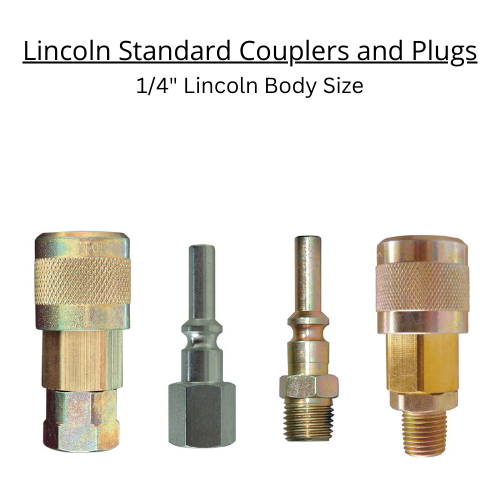 Topring Lincoln Quick Disconnect Couplers and Plugs come in Thread Sizes 1/4 (M) NPT, 1/4 (F) NPT.  Material : Zinc plated brass and Brass.