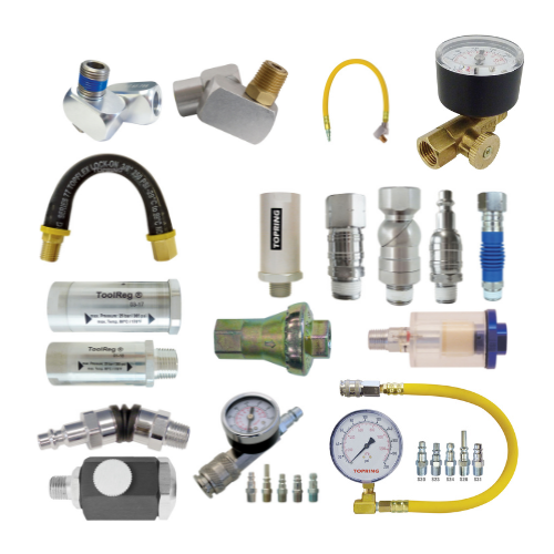 Topring Air Tool Accessories : S62 AIR TOOL ACCESSORIES Airflow regulator, Anti whip air hose, Compressed air leaks detection tool, Free angle fitting, In-line desiccant filter, lubricator, In-line manifold, Preset pressure regulator, Swivel fitting