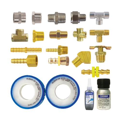 Topring brass fittings Hose barb fitting, Reducer, Reducer/Adapter, Reducer/Adapter, Reusable fitting for hose, Swivel connector, Tee fitting, Threaded fitting, Union, Water blowout adapter kit. Available in NPT, BSPP and BS