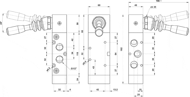 AZ PNEUMATICA Manual Valves 02.061.4 (524 ML90) : AZ Pneumatica 5/2 1/2" 90° lever , Spring return