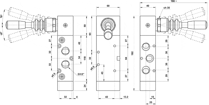 AZ PNEUMATICA Manual Valves 02.064.4 (5243P LL90) : AZ Pneumatica 5/3 1/2" pressurized centres, 90° lever , three detented positions