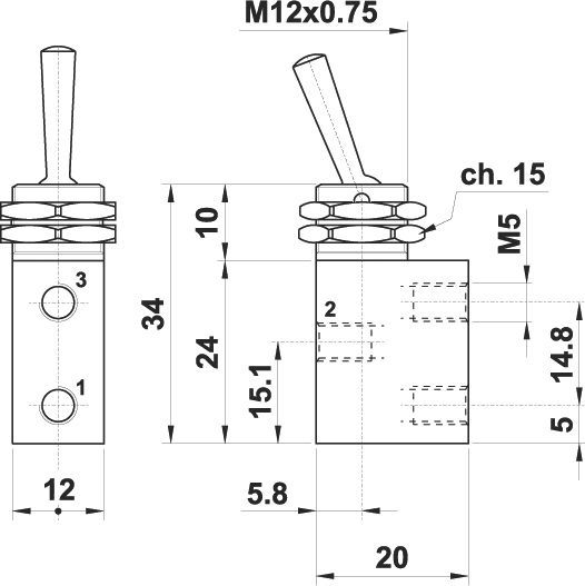 AZ PNEUMATICA Micro and Mechanical Valves 03.044.4 : AZ Pneumatica 3/2 NC, threaded ports M5, bi-stable lever, Ductable exhaust M5