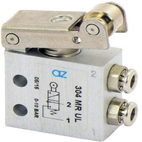 AZ PNEUMATICA Micro and Mechanical Valves 08.052.4 (304 MR UL) : AZ Pneumatica 3/2 NC, push-in fitting for tubing ø4 (ports on the side), roller lever