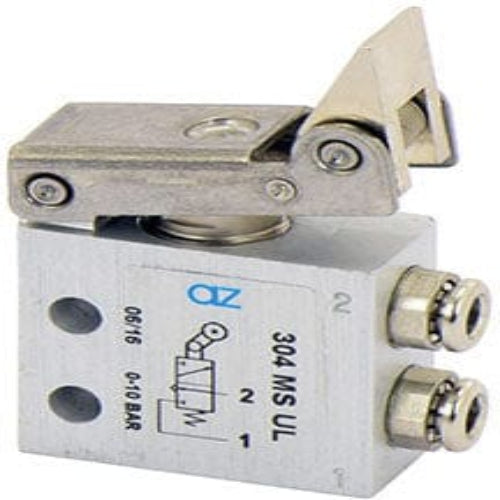 AZ PNEUMATICA Micro and Mechanical Valves 08.053.4 (304 MS UL) : AZ Pneumatica 3/2 NC, push-in fitting for tubing ø4 (ports on the side), uni-directional lever
