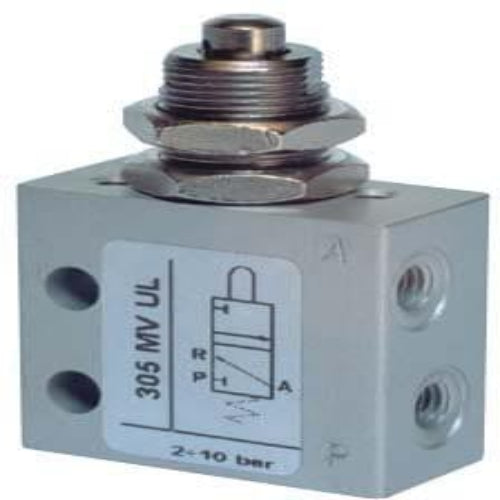 AZ PNEUMATICA Micro and Mechanical Valves 08.059.4 (305 MV UL) : AZ Pneumatica 3/2 NC, threaded ports M5 (ports on the side), push button panel mount tappet