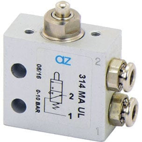 AZ PNEUMATICA Micro and Mechanical Valves 08.060.4 (314 MA UL) : AZ Pneumatica 3/2 NO, push-in fitting for tubing ø4 (ports on the side), push button