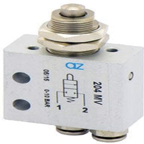 AZ PNEUMATICA Micro and Mechanical Valves 08.125.4 (204 MV) : AZ Pneumatica 2/2 NC, push-in fitting for tubing ø4, push button panel mount tappet