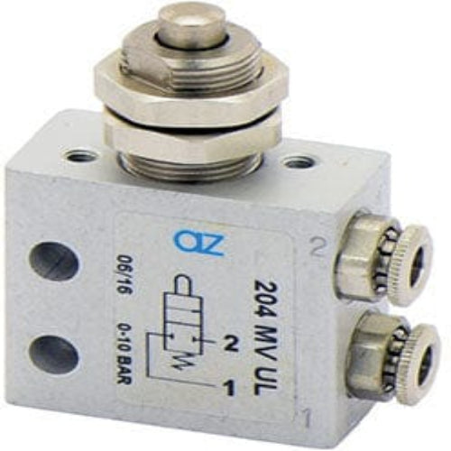 AZ PNEUMATICA Micro and Mechanical Valves 08.149.4 (204 MV UL) : AZ Pneumatica 2/2 NC, push-in fitting for tubing ø4 (ports on the side), push button panel mount tappet