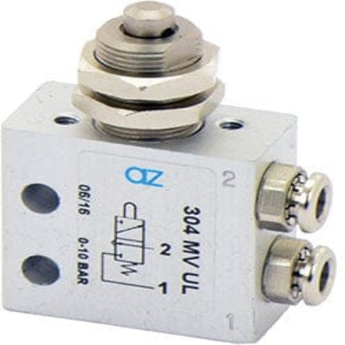 AZ PNEUMATICA Micro and Mechanical Valves 08.160.4 (204 MS UL) : AZ Pneumatica 2/2 NC, push-in fitting for tubing ø4 (ports on the side), uni-directional lever