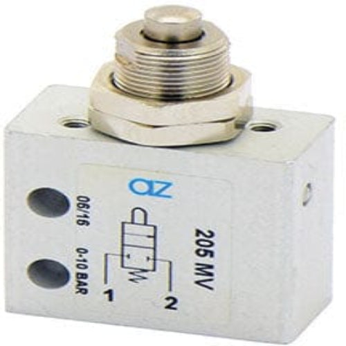AZ PNEUMATICA Micro and Mechanical Valves 08.186.4 (205 MV) : AZ Pneumatica 2/2 NC, threaded ports M5, push button panel mount tappet