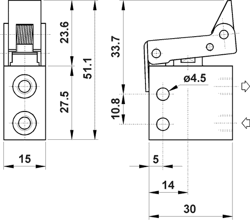AZ PNEUMATICA Micro and Mechanical Valves 08.189.4 (205 MS UL) : AZ Pneumatica 2/2 NC, threaded ports M5 (ports on the side), uni-directional lever