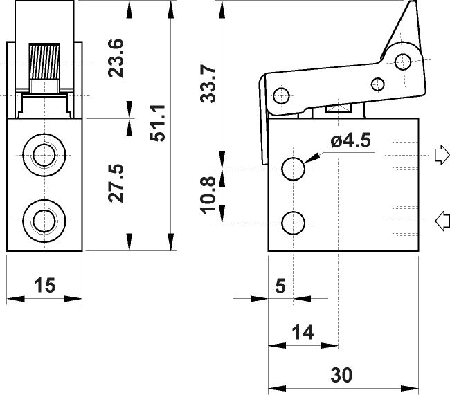 AZ PNEUMATICA Micro and Mechanical Valves 08.189.4 (205 MS UL) : AZ Pneumatica 2/2 NC, threaded ports M5 (ports on the side), uni-directional lever