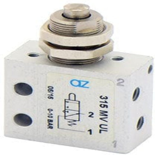 AZ PNEUMATICA Micro and Mechanical Valves 08.190.4 (315 MV UL) : AZ Pneumatica 3/2 NO, threaded ports M5 (ports on the side), push button panel mount tappet