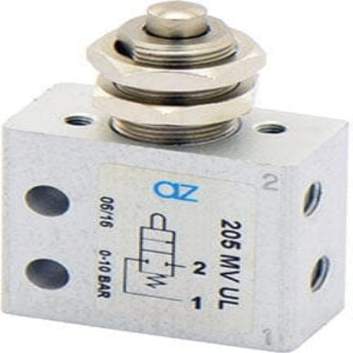 AZ PNEUMATICA Micro and Mechanical Valves 08.191.4 (205 MV UL) : AZ Pneumatica 2/2 NC, threaded ports M5 (ports on the side), push button panel mount tappet