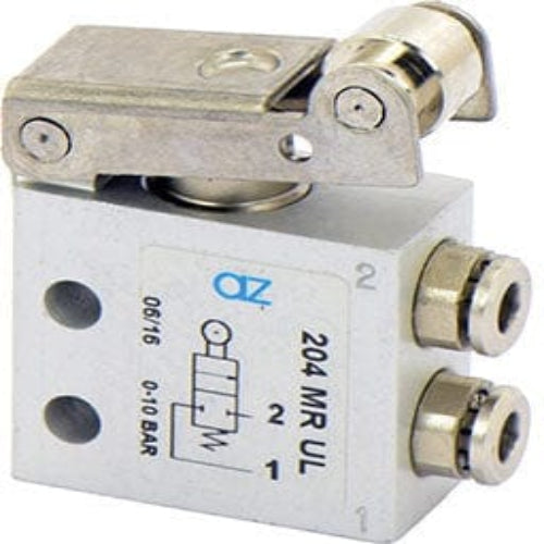 AZ PNEUMATICA Micro and Mechanical Valves 08.196.4 (204 MR UL) : AZ Pneumatica 2/2 NC, push-in fitting for tubing ø4 (ports on the side), roller lever
