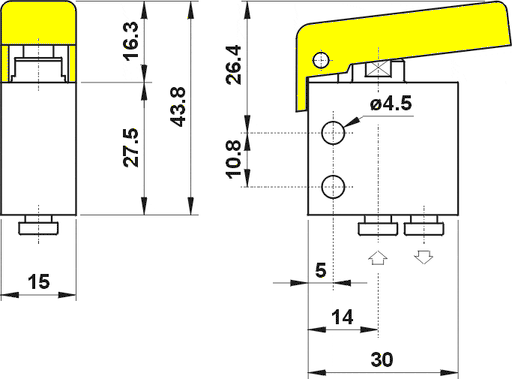AZ PNEUMATICA Micro and Mechanical Valves 08.229.4 (204 MGG) : AZ Pneumatica 2/2 NC, push-in fitting for tubing ø4, pushbuttons YELLOW