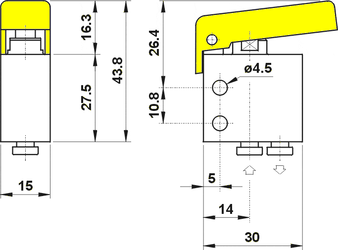 AZ PNEUMATICA Micro and Mechanical Valves 08.229.4 (204 MGG) : AZ Pneumatica 2/2 NC, push-in fitting for tubing ø4, pushbuttons YELLOW