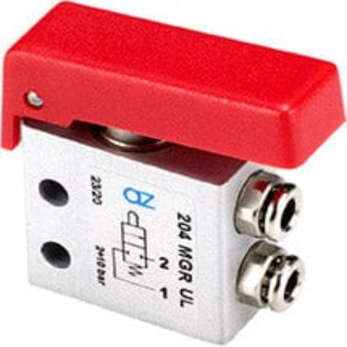 AZ PNEUMATICA Micro and Mechanical Valves 08.232.4 (204 MGR UL) : AZ Pneumatica 2/2 NC, push-in fitting for tubing ø4 (ports on the side), pushbuttons Red