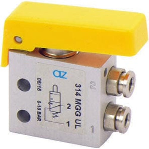 AZ PNEUMATICA Micro and Mechanical Valves 08.249.4 (314 MGG UL) : AZ Pneumatica 3/2 NO, push-in fitting for tubing ø4 (ports on the side), pushbuttons YELLOW