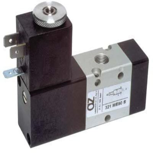 AZ Pneumatica Solenoid Valves 00.005.3 (321 ME90 S): AZ Pneumatica 3/2 1/8" NC 90° solenoid pilot on the narrow side for compact assembly, Spring return, WO Coil