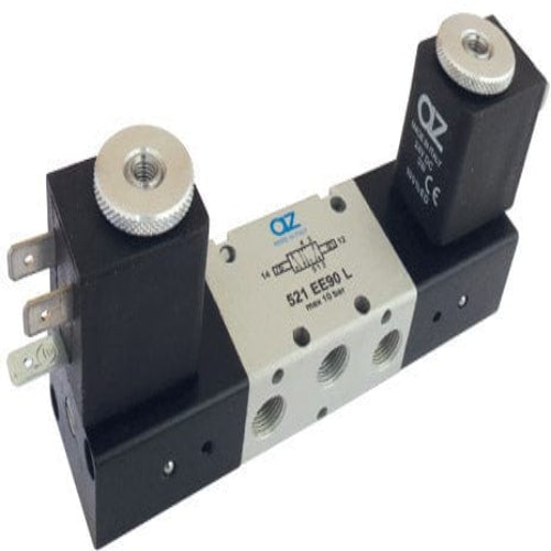 AZ Pneumatica Solenoid Valves 00.062.3 (521 EE90 L): AZ Pneumatica 5/2 1/8" Dual 90° solenoid pilot on the Large side , Without Coil