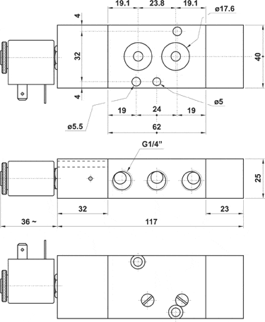 AZ Pneumatica Solenoid Valves 01.219.3 (582S MRE): AZ Pneumatica 5/2 1/4" NAMUR Solenoid Pilot - Spring return  With sensor port , With sensor port