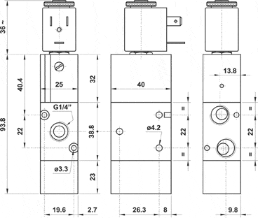 AZ Pneumatica Solenoid Valves 01.225.3 (322S MRE): AZ Pneumatica 3/2 1/4" NC Solenoid Pilot - Spring return  With sensor port , With sensor port