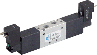 AZ Pneumatica Solenoid Valves 05.065.4 (7513A EE 00): AZ Pneumatica 18 mm in-line  5/3 1/8" open centres, Dual Solenoid Pilot 12V DC