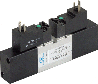 AZ Pneumatica Solenoid Valves 05.115.4 (8513A EE 00): AZ Pneumatica VDMA 18 mm 5/3 open centres, Dual Solenoid Pilot 12V DC