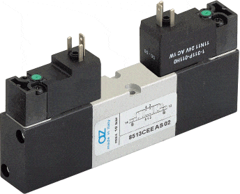 AZ Pneumatica Solenoid Valves 05.128.4 (8513C EE AS 03): AZ Pneumatica VDMA 18 mm 5/3 Closed center, Dual Solenoid Pilot 110V 50/60Hz with separate air supply