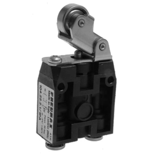 PNEUMAX 104.22.2.1.PC : PNEUMAX Mechanically actuated pneumatic valve, Push-in connector 4mm air port, Lever roller actuated valve, Spring return, 2/2, Rear connections, Normally closed