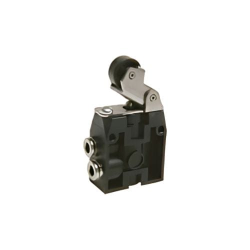 PNEUMAX 104.32.2.1.LA : PNEUMAX Mechanically actuated pneumatic valve, Push-in connector 4mm air port, Lever roller actuated valve, Spring return, 3/2, Lateral connections, Normally open