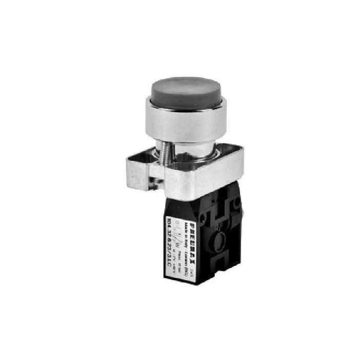 PNEUMAX 104.32.6.23/1.PC : PNEUMAX Manually actuated pneumatic valve, Push-in connector 4mm air port, Red raised push button actuated valve, Spring return, 3/2, Rear connections, Normally closed