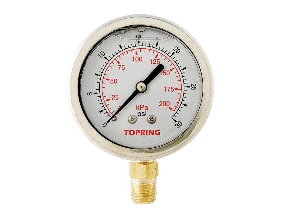 TOPRING PNEUMATIC AIR PRESSURE GAUGE 55.613 : TOPRING LIQUID GAUGE 2-1/2" - 1/4 NPT LM 0-30 STAINLESS STEEL/BRASS