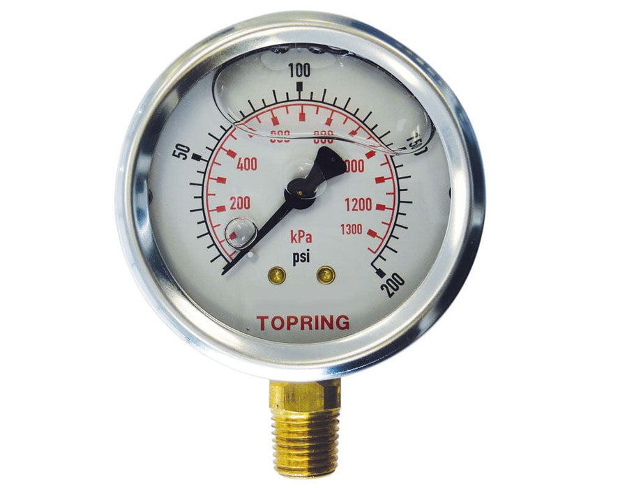 TOPRING PNEUMATIC AIR PRESSURE GAUGE 55.633 : TOPRING LIQUID GAUGE 2-1/2" - 1/4 NPT LM 0-200 STAINLESS STEEL/BRASS