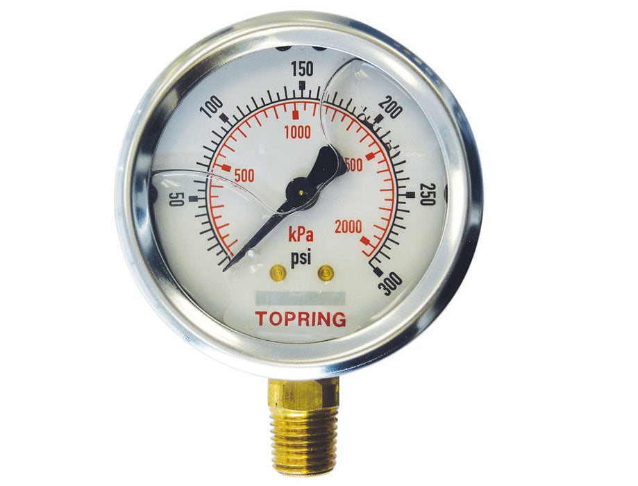 TOPRING PNEUMATIC AIR PRESSURE GAUGE 55.638 : TOPRING LIQUID GAUGE 2-1/2" - 1/4 NPT LM 0-300 STAINLESS STEEL/BRASS