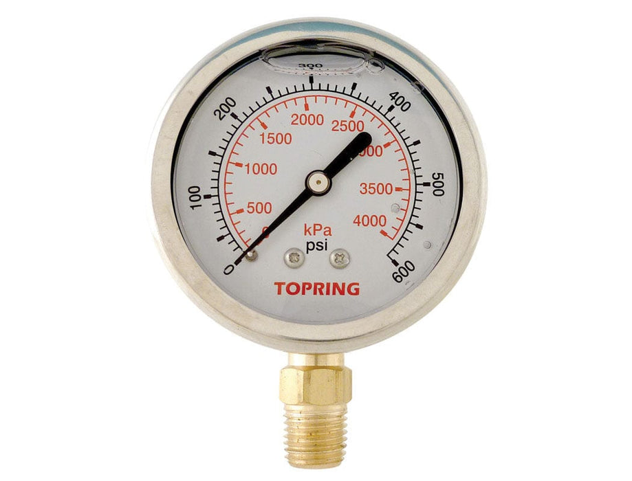 TOPRING PNEUMATIC AIR PRESSURE GAUGE 55.643 : TOPRING LIQUID GAUGE 2-1/2" - 1/4 NPT LM 0-600 STAINLESS STEEL/BRASS