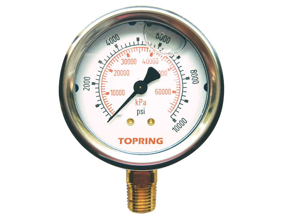 TOPRING PNEUMATIC AIR PRESSURE GAUGE 55.688 : TOPRING LIQUID GAUGE 2-1/2" - 1/4 NPT LM 0-10000 STAINLESS STEEL/BRASS