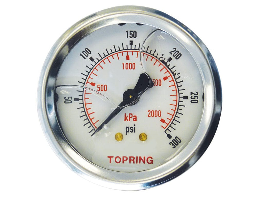 TOPRING PNEUMATIC AIR PRESSURE GAUGE 55.738 : TOPRING LIQUID GAUGE 2-1/2" - 1/4 NPT CBM 0-300 STAINLESS STEEL/BRASS