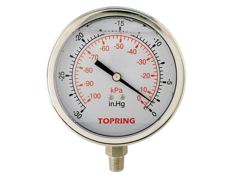 TOPRING PNEUMATIC AIR PRESSURE GAUGE 55.800 : TOPRING LIQUID GAUGE 2-1/2" - 1/4 NPT LM 30"HG STAINLESS STEEL