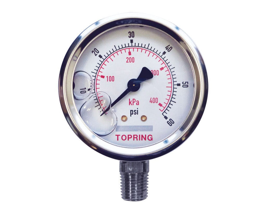 TOPRING PNEUMATIC AIR PRESSURE GAUGE 55.815 : TOPRING LIQUID GAUGE 2-1/2" - 1/4 NPT LM 0-60 STAINLESS STEEL