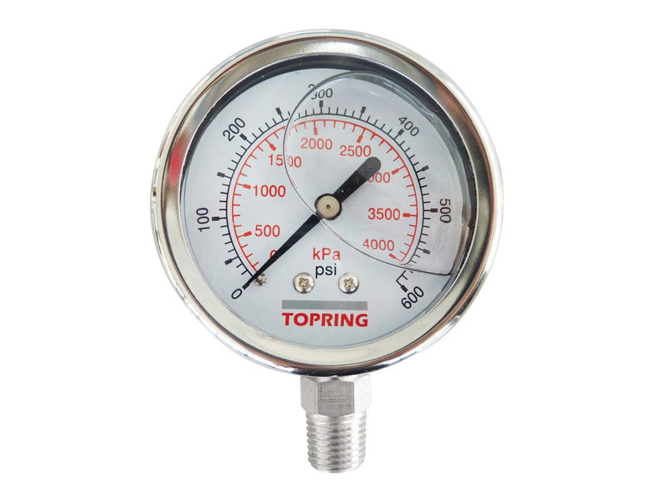 TOPRING PNEUMATIC AIR PRESSURE GAUGE 55.845 : TOPRING LIQUID GAUGE 2-1/2" - 1/4 NPT LM 0-600 STAINLESS STEEL