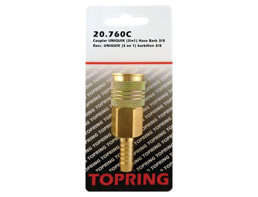 TOPRING Quick Couplers 20.760C : Topring Quick Couplers : COUPLER UNIQUIK (3 IN 1) HOSE BARB 3/8 (AUTOMATIC)