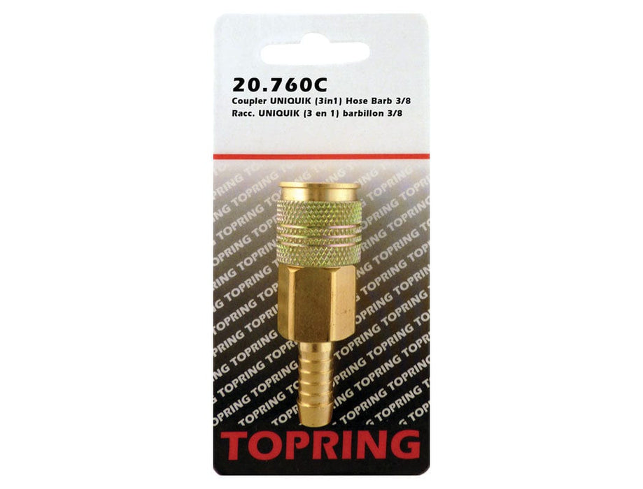 TOPRING Quick Couplers 20.760C : Topring Quick Couplers : COUPLER UNIQUIK (3 IN 1) HOSE BARB 3/8 (AUTOMATIC)