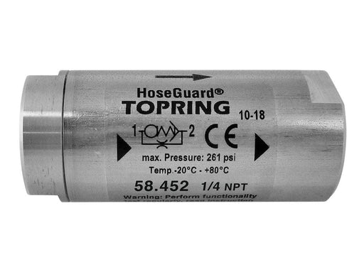 TOPRING S58 Anti Hose Whip safety valve 58.452 : TOPRING ANTI-HOSE WHIP SAFETY VALVE HOSEGUARD 1/4 (F-F) NPT 24 SCFM STAINLESS STEEL